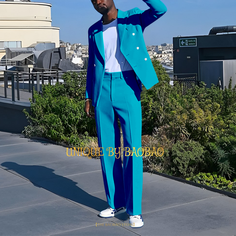 Men Grooming Outfit - Lake Blue Men 2-piece Suit Double
